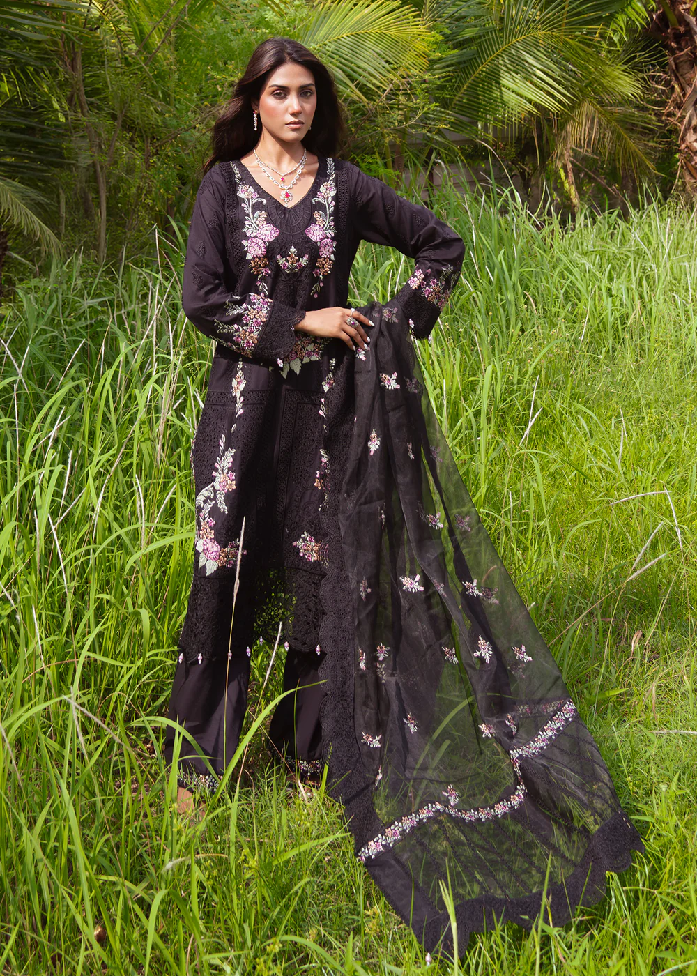 Black Embroidered Cambric Suit Ireland Party Wear - Image 4