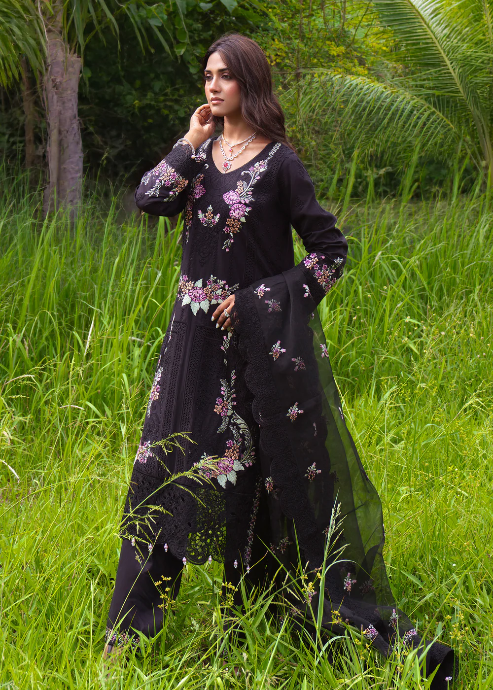 Black Embroidered Cambric Suit Ireland Party Wear
