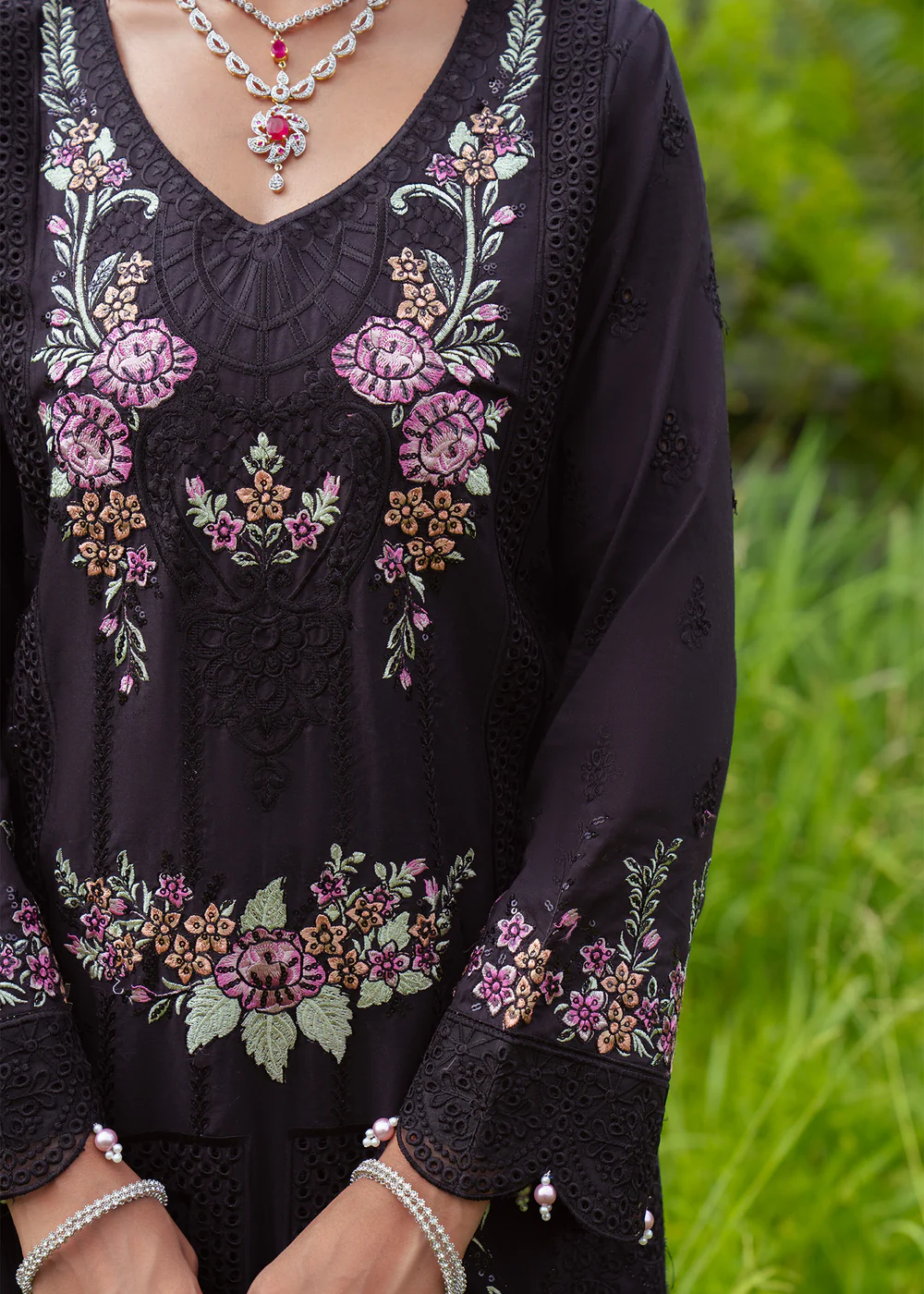 Black Embroidered Cambric Suit Ireland Party Wear - Image 7