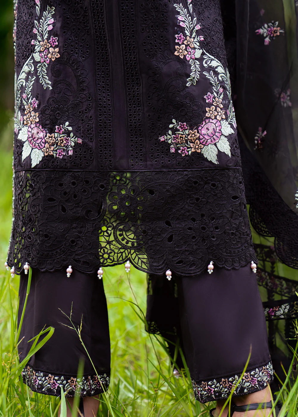Black Embroidered Cambric Suit Ireland Party Wear - Image 2