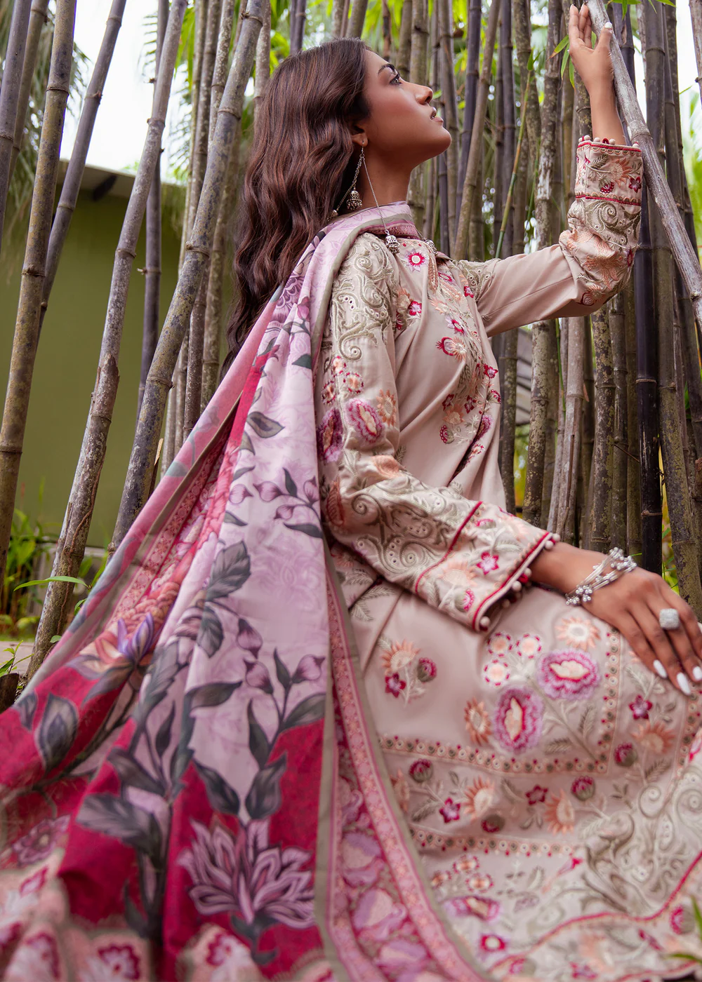 Beige Embroidered Lawn Suit with Silk Dupatta Ireland - Image 2