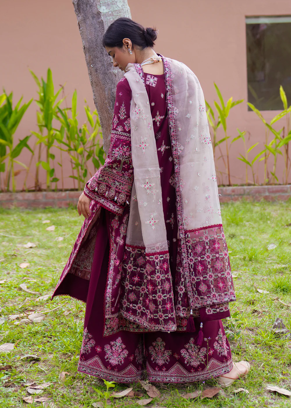 Berry Red Embroidered Lawn Plazo Suit in Ireland - Image 10