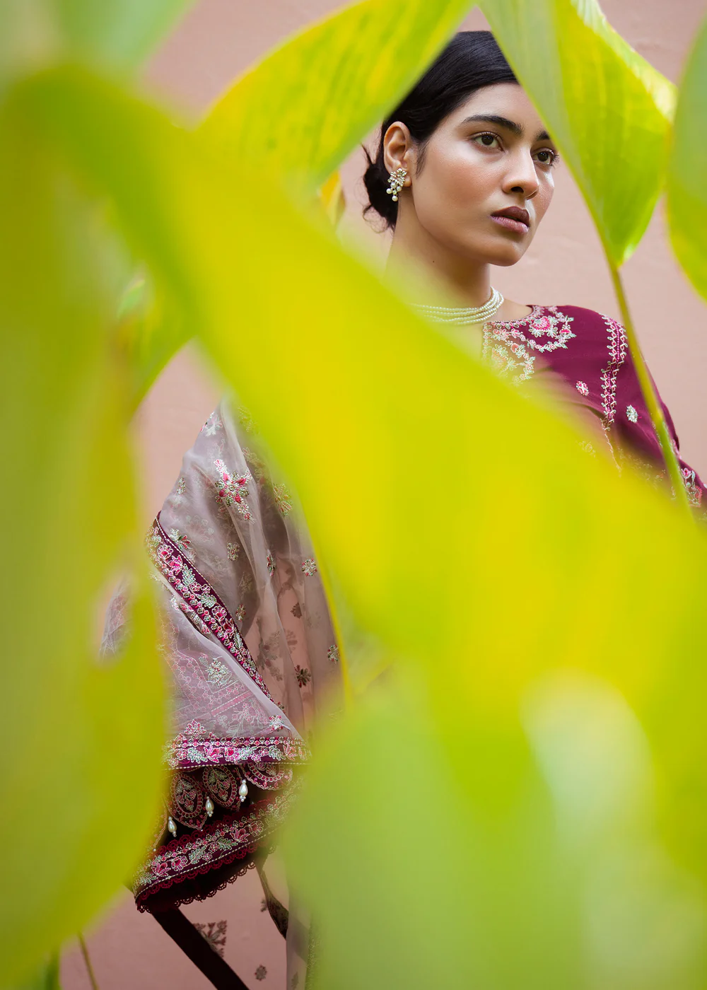 Berry Red Embroidered Lawn Plazo Suit in Ireland - Image 3