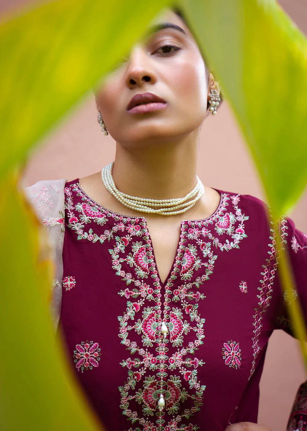 Berry Red Embroidered Lawn Plazo Suit in Ireland - Image 2