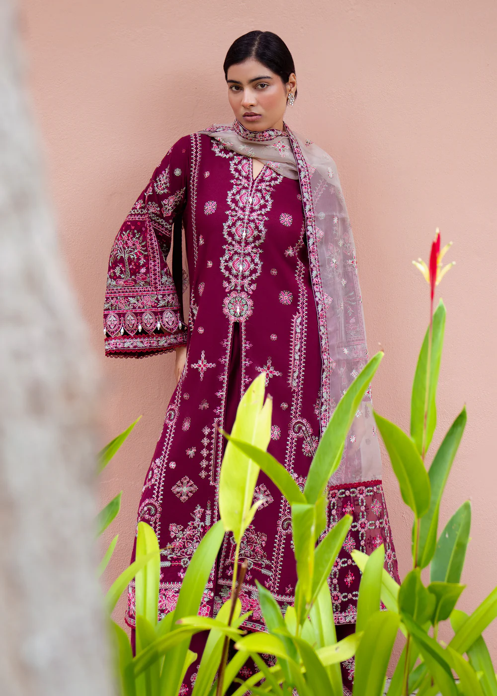 Berry Red Embroidered Lawn Plazo Suit in Ireland - Image 6