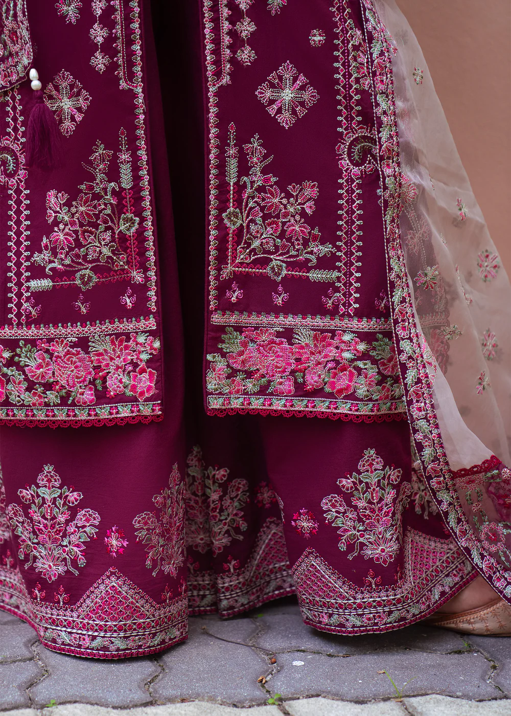 Berry Red Embroidered Lawn Plazo Suit in Ireland - Image 7