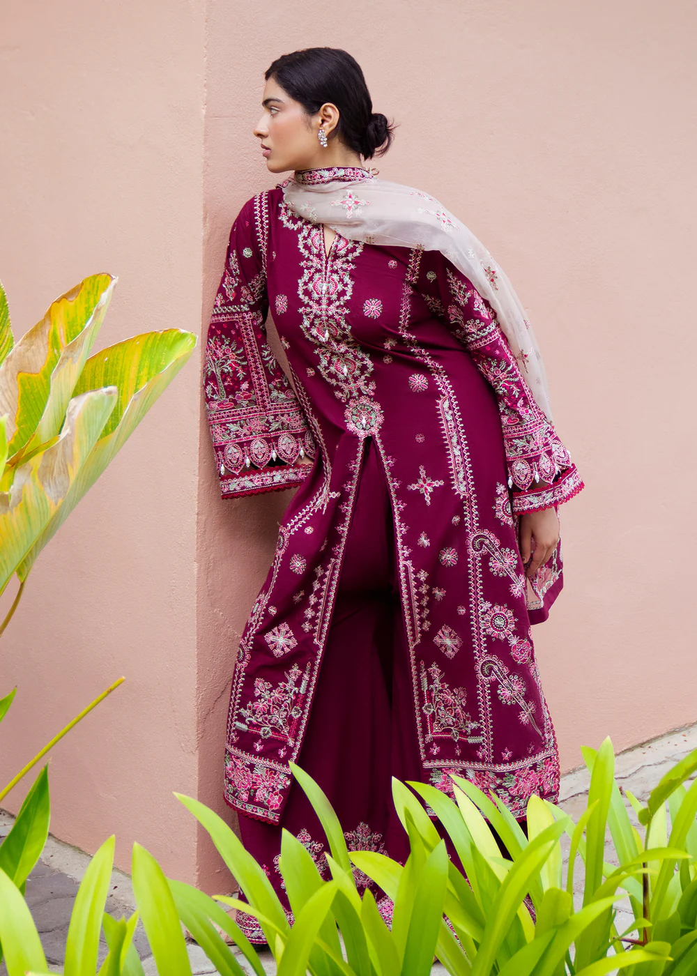 Berry Red Embroidered Lawn Plazo Suit in Ireland - Image 5