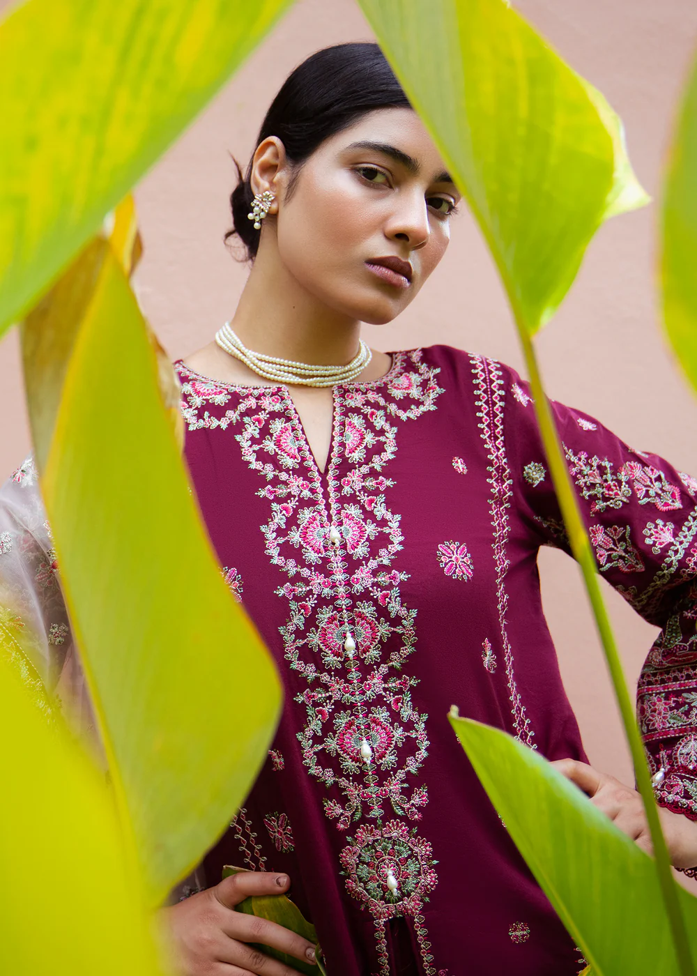 Berry Red Embroidered Lawn Plazo Suit in Ireland - Image 4