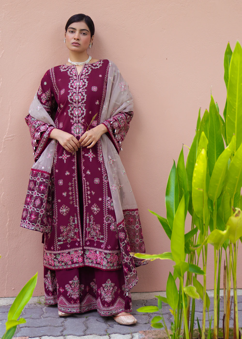 Berry Red Embroidered Lawn Plazo Suit in Ireland - Image 11