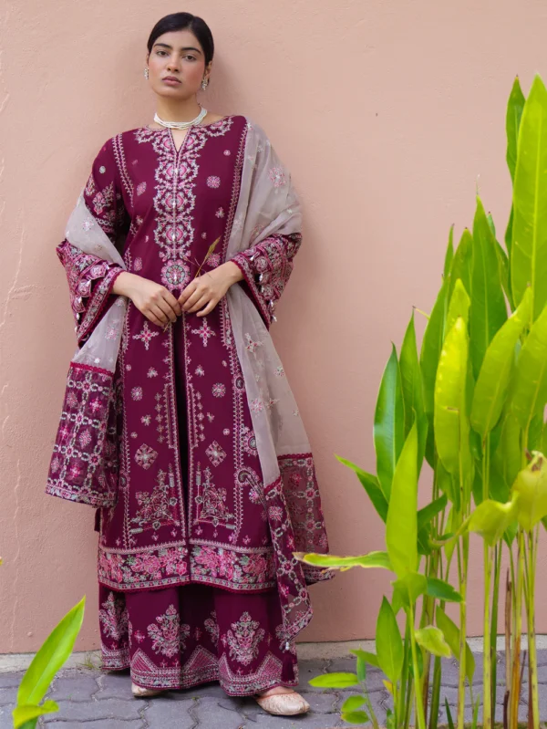 Berry Red Embroidered Lawn Plazo Suit in Ireland