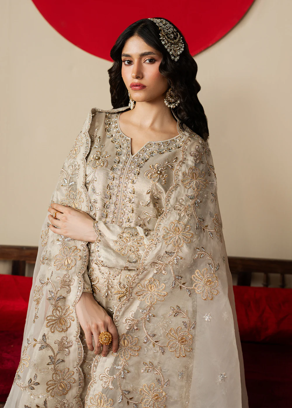 Beige Embroidered Raw Silk Formal Dress Ireland - Image 8