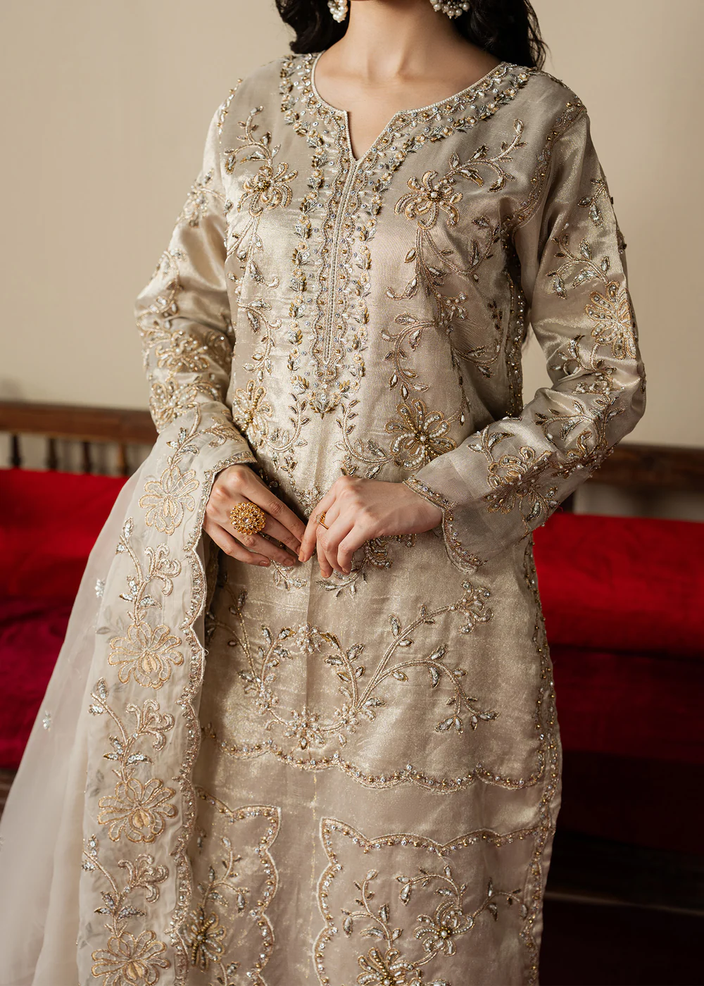 Beige Embroidered Raw Silk Formal Dress Ireland - Image 2