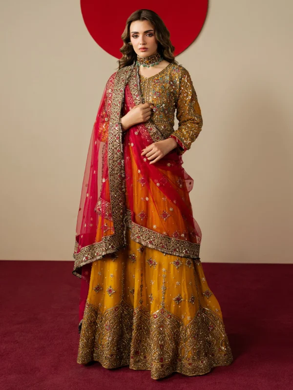 SEO Title: Mustard Embroidered Chiffon Lehenga Dress Ireland