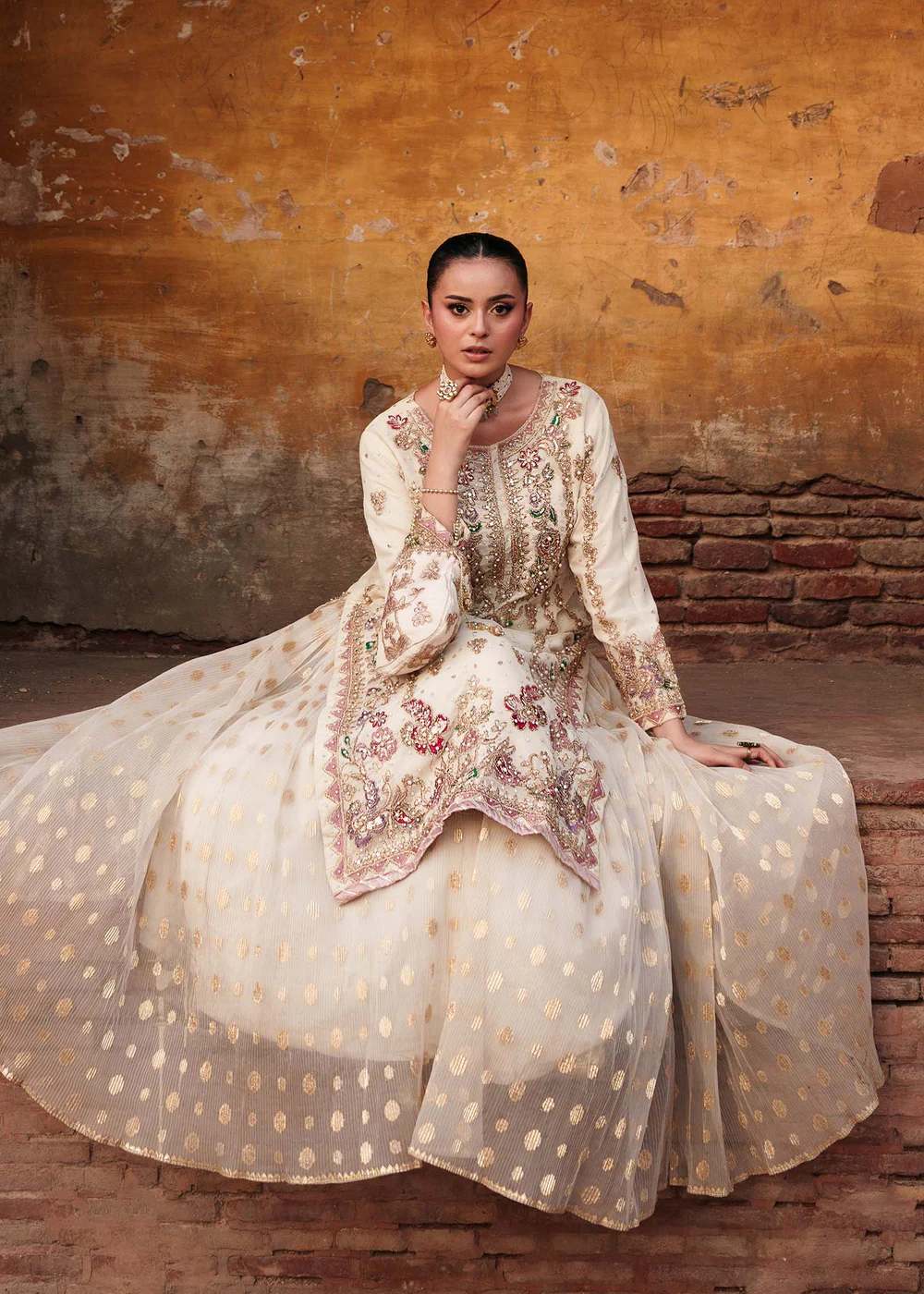 Ivory Chiffon Circular Lehenga 3pc Party Dress Set - Image 3