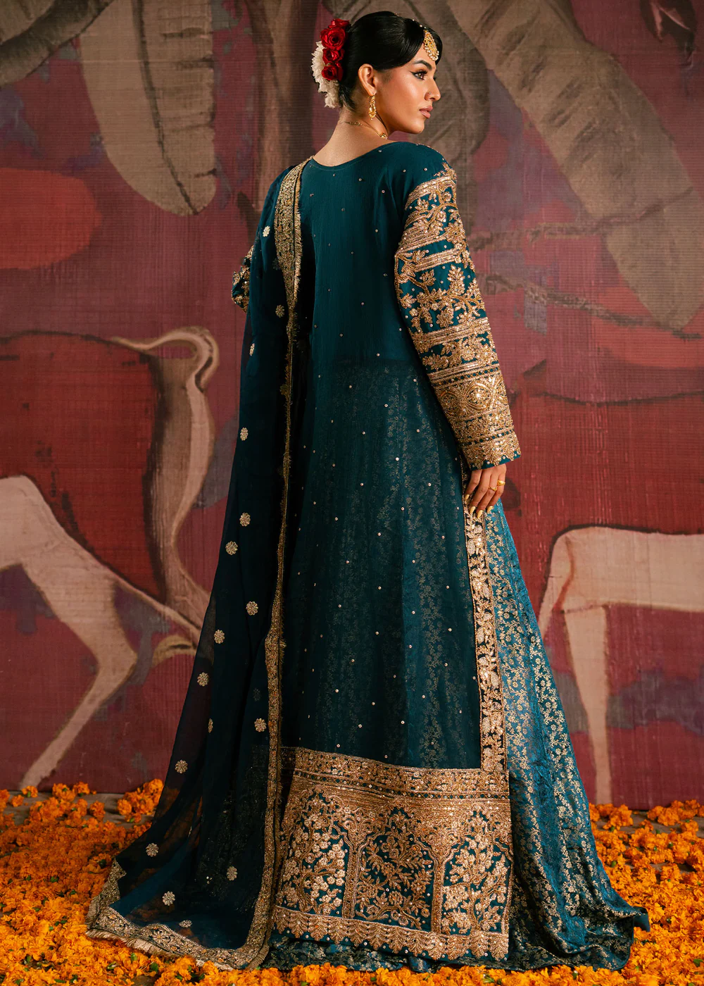 Teal Pakistani Chiffon Lehenga Dress in Ireland - Image 2