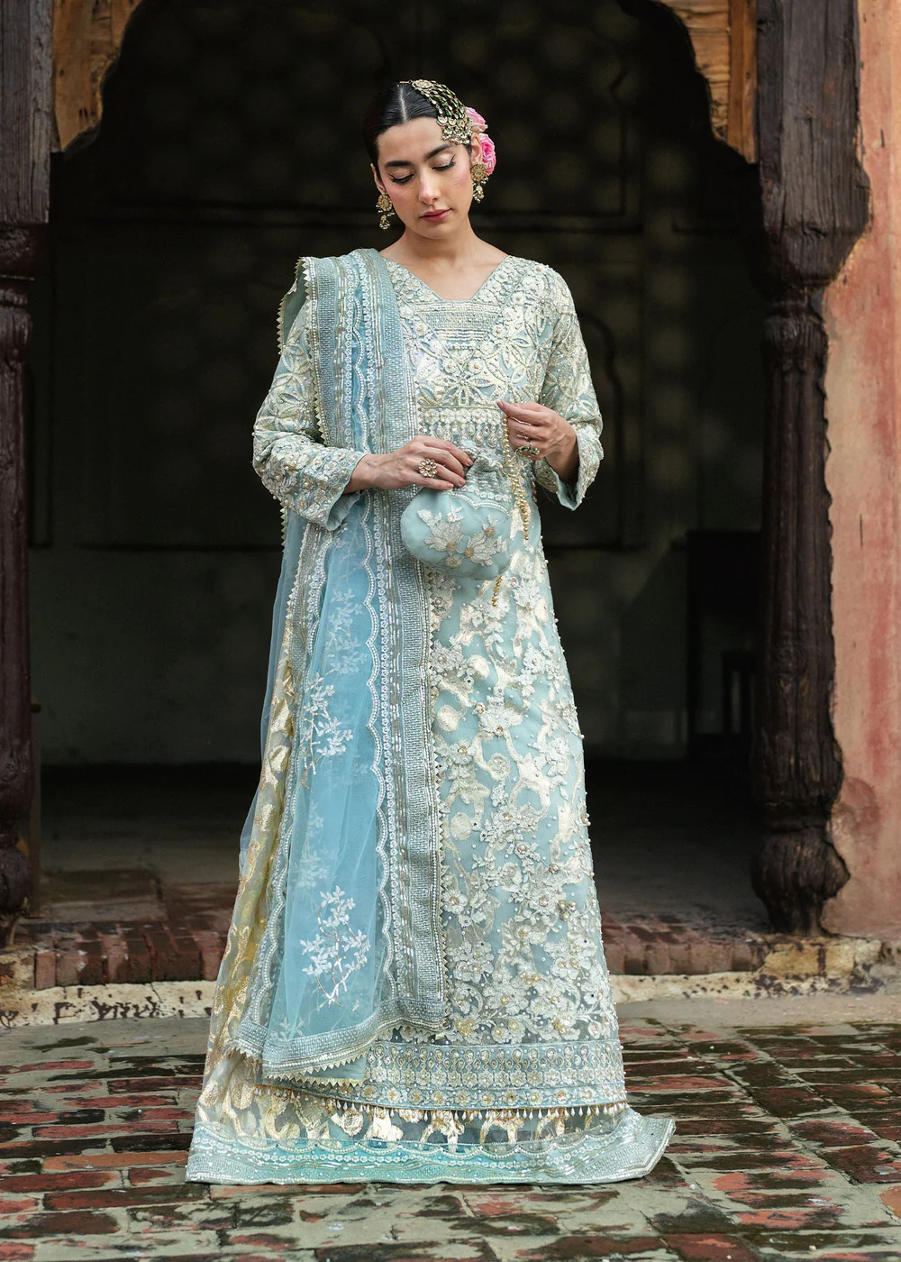 Sky Blue Net Lehenga Suit for Wedding Wear in Ireland - Image 4
