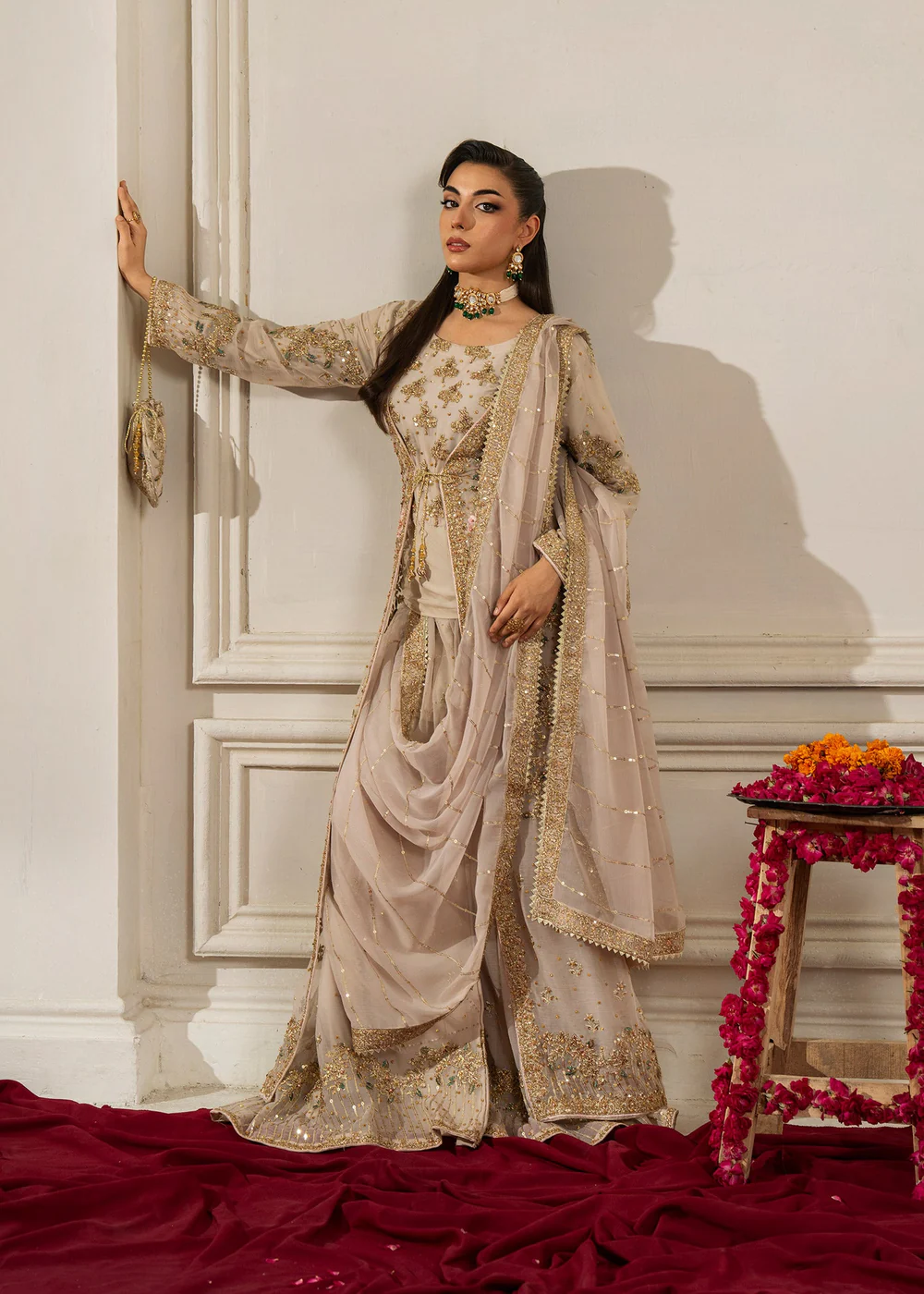 Beige Flared Gown Party Wear Dress for Women Ireland - Image 3
