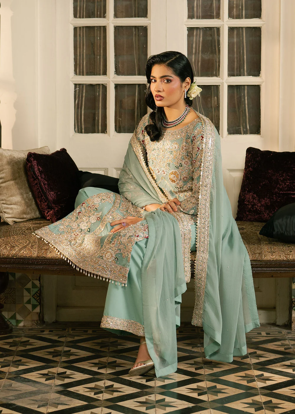 Mint Green Chiffon Embroidered Suit Ireland Formal Wear - Image 5