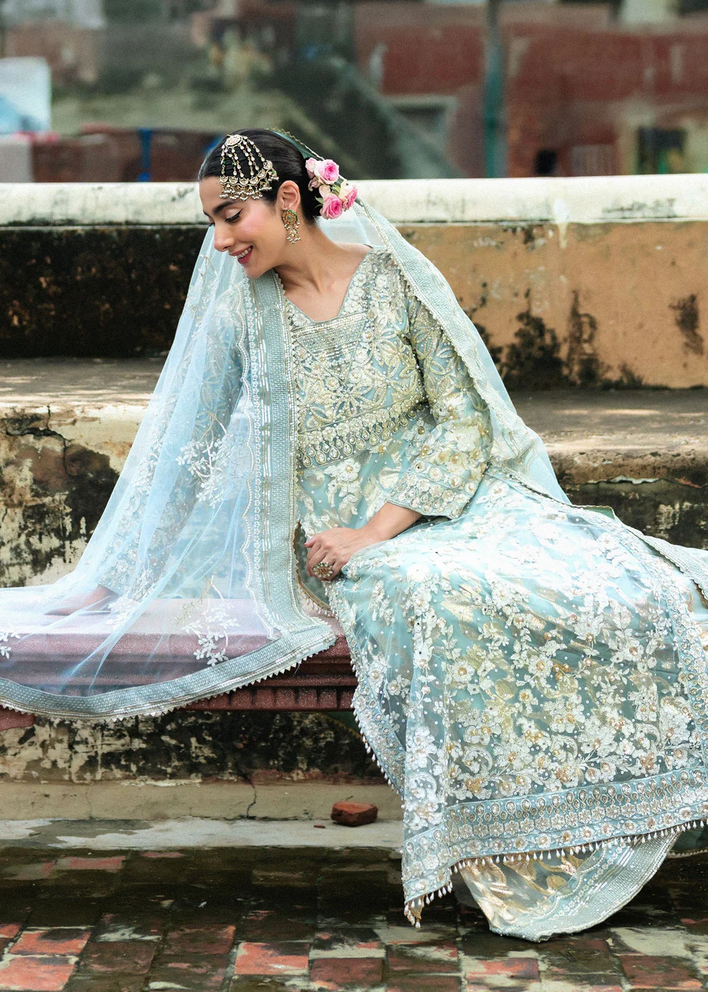 Sky Blue Net Lehenga Suit for Wedding Wear in Ireland - Image 3