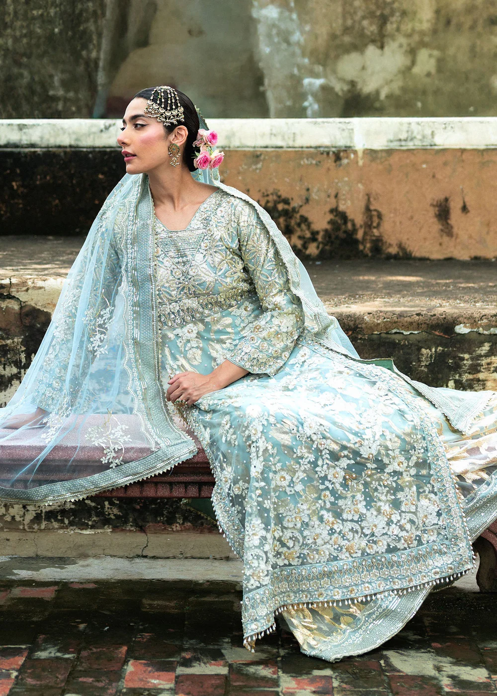 Sky Blue Net Lehenga Suit for Wedding Wear in Ireland - Image 2