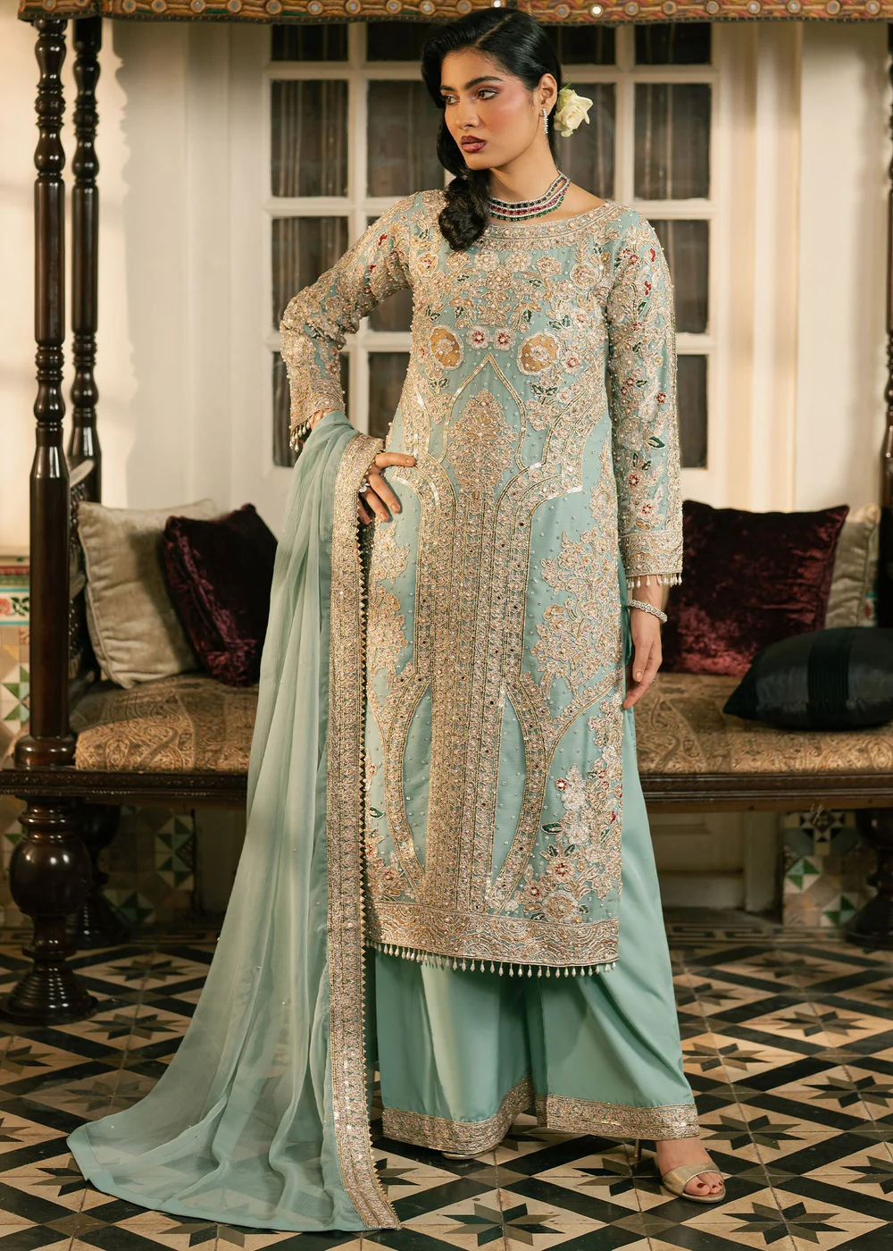 Mint Green Chiffon Embroidered Suit Ireland Formal Wear - Image 10