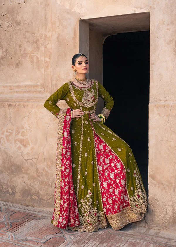 Olive Green Silk Party Wear Maxi Suit Ireland - Image 2