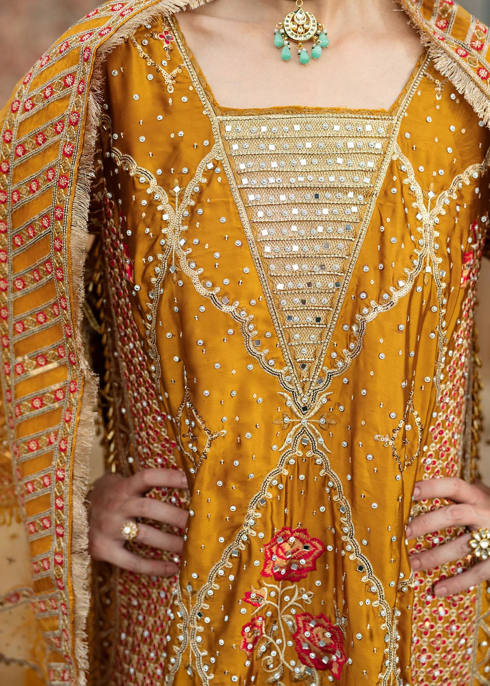 Mustard Jamawar Lehenga Suit for Weddings in Ireland - Image 10