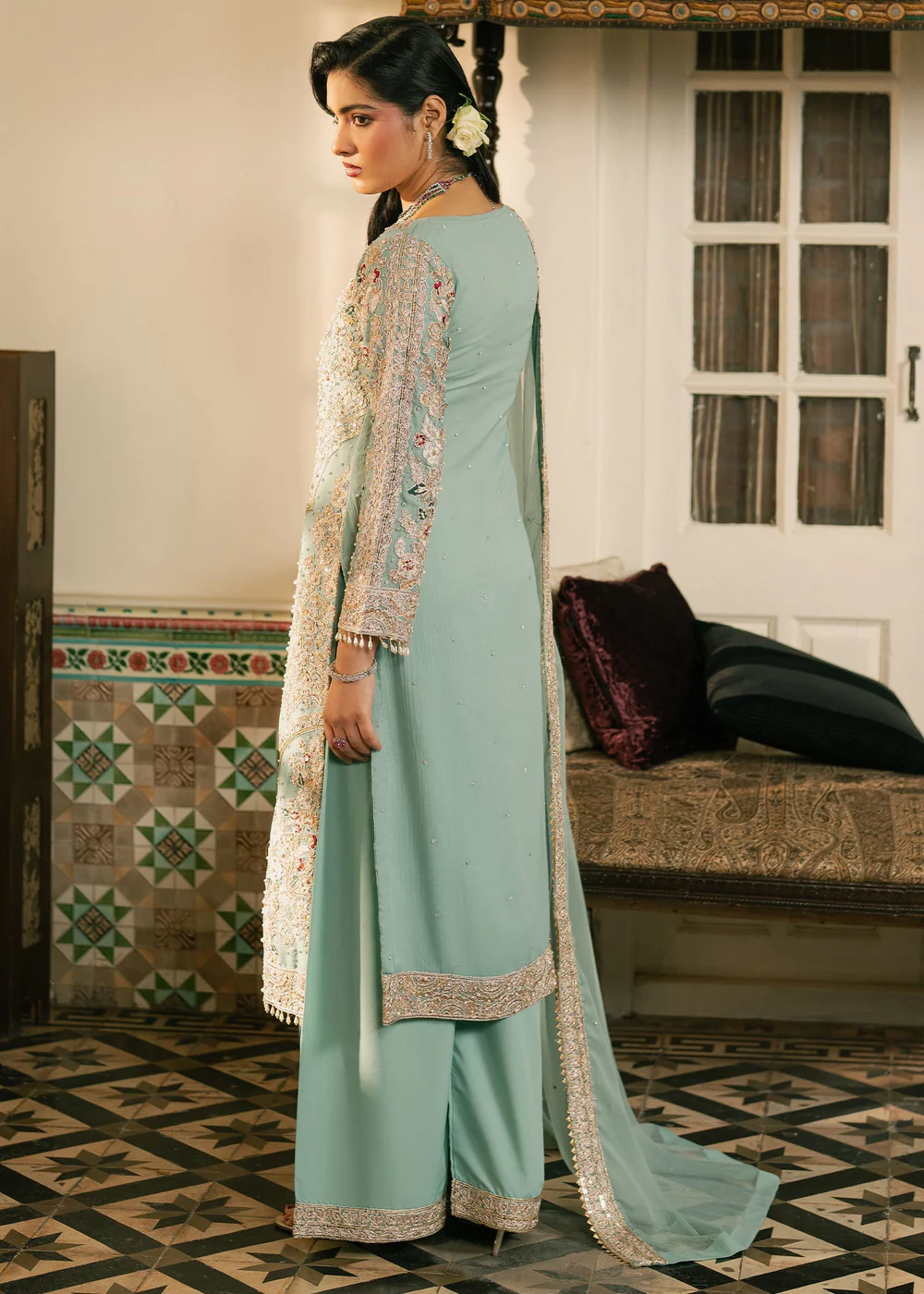 Mint Green Chiffon Embroidered Suit Ireland Formal Wear - Image 8