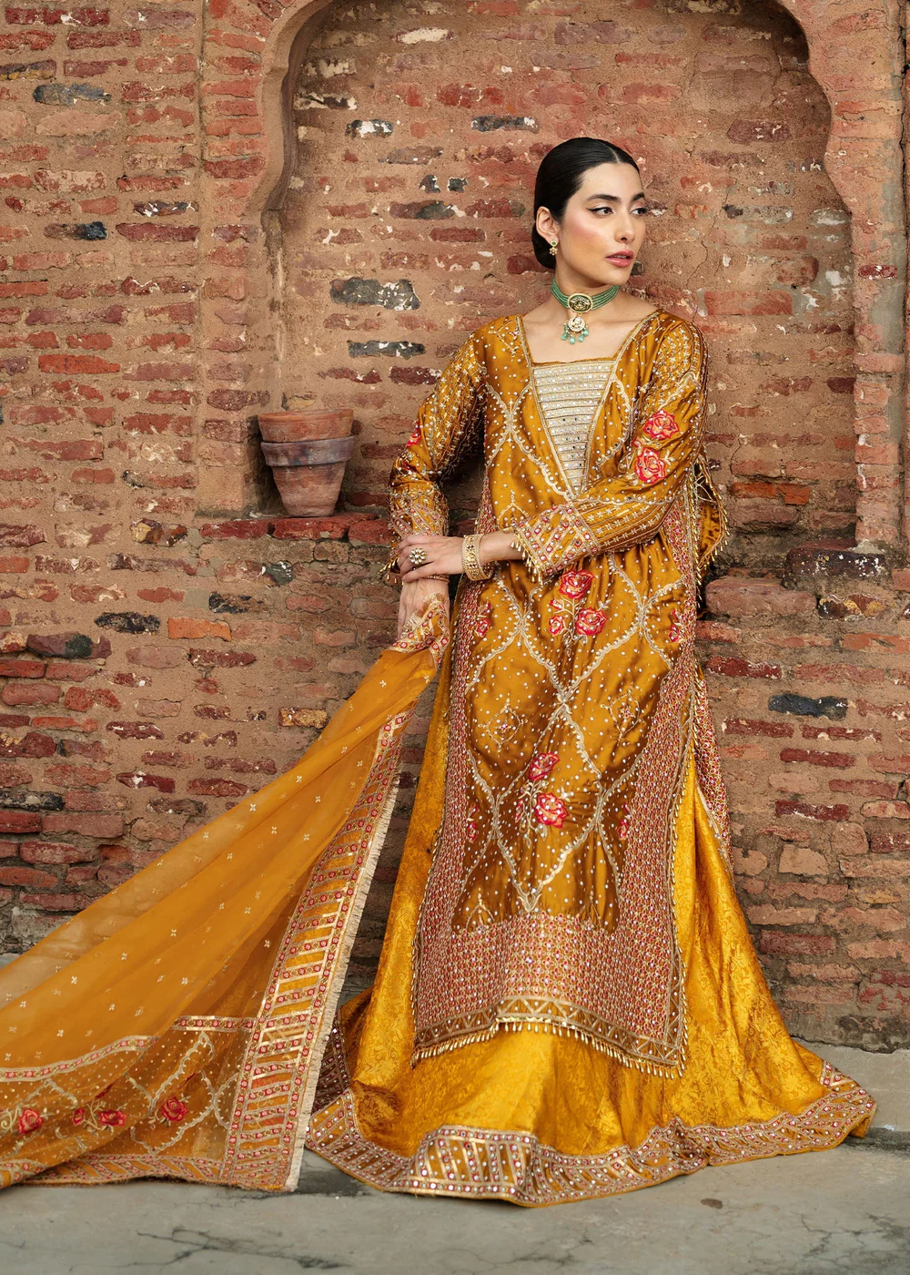 Mustard Jamawar Lehenga Suit for Weddings in Ireland - Image 5