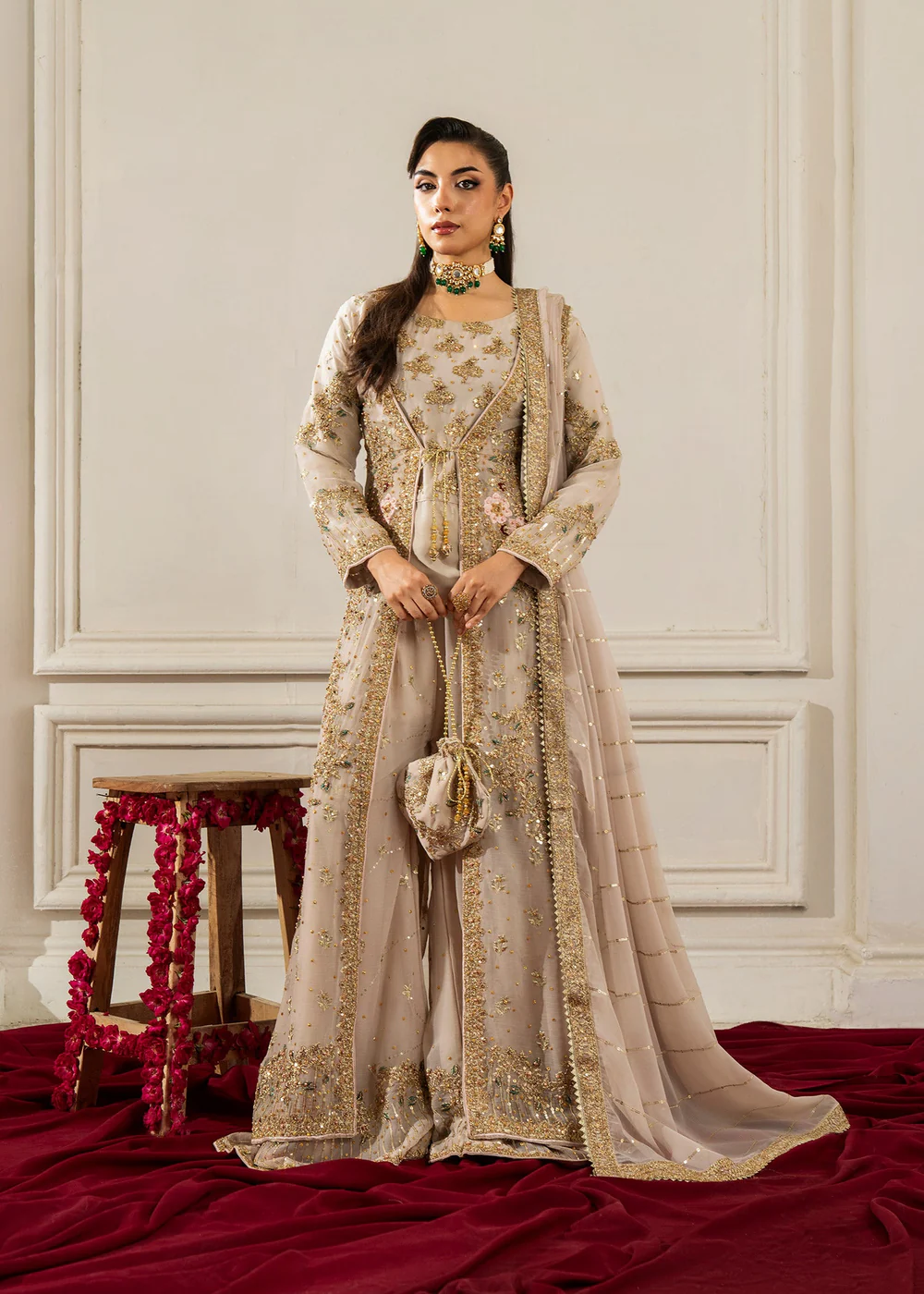 Beige Flared Gown Party Wear Dress for Women Ireland - Image 8