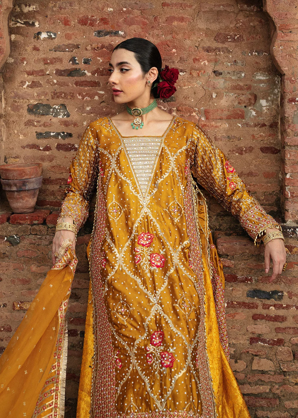 Mustard Jamawar Lehenga Suit for Weddings in Ireland - Image 4