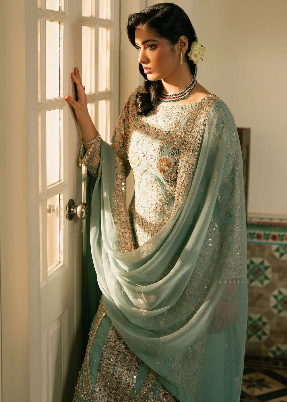 Mint Green Chiffon Embroidered Suit Ireland Formal Wear - Image 7