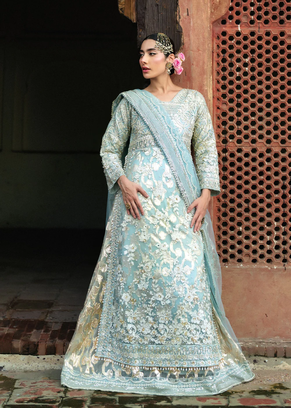 Sky Blue Net Lehenga Suit for Wedding Wear in Ireland - Image 10