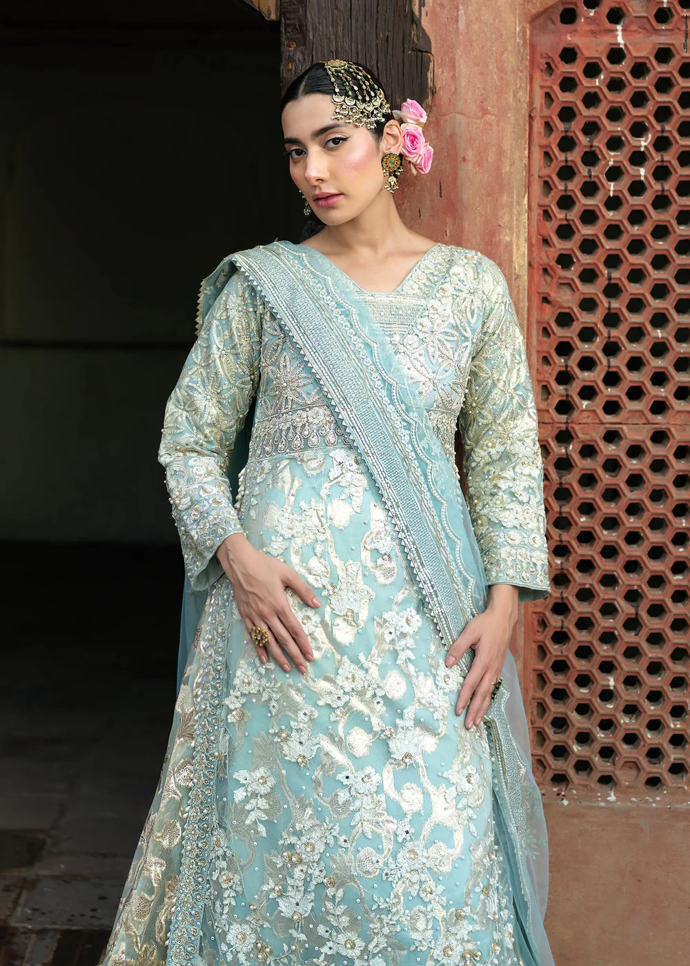 Sky Blue Net Lehenga Suit for Wedding Wear in Ireland - Image 9