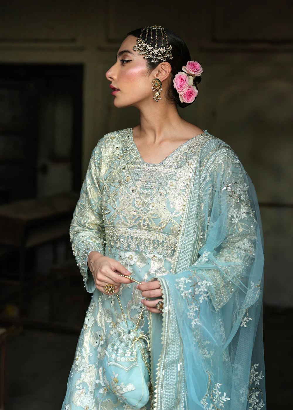 Sky Blue Net Lehenga Suit for Wedding Wear in Ireland - Image 5