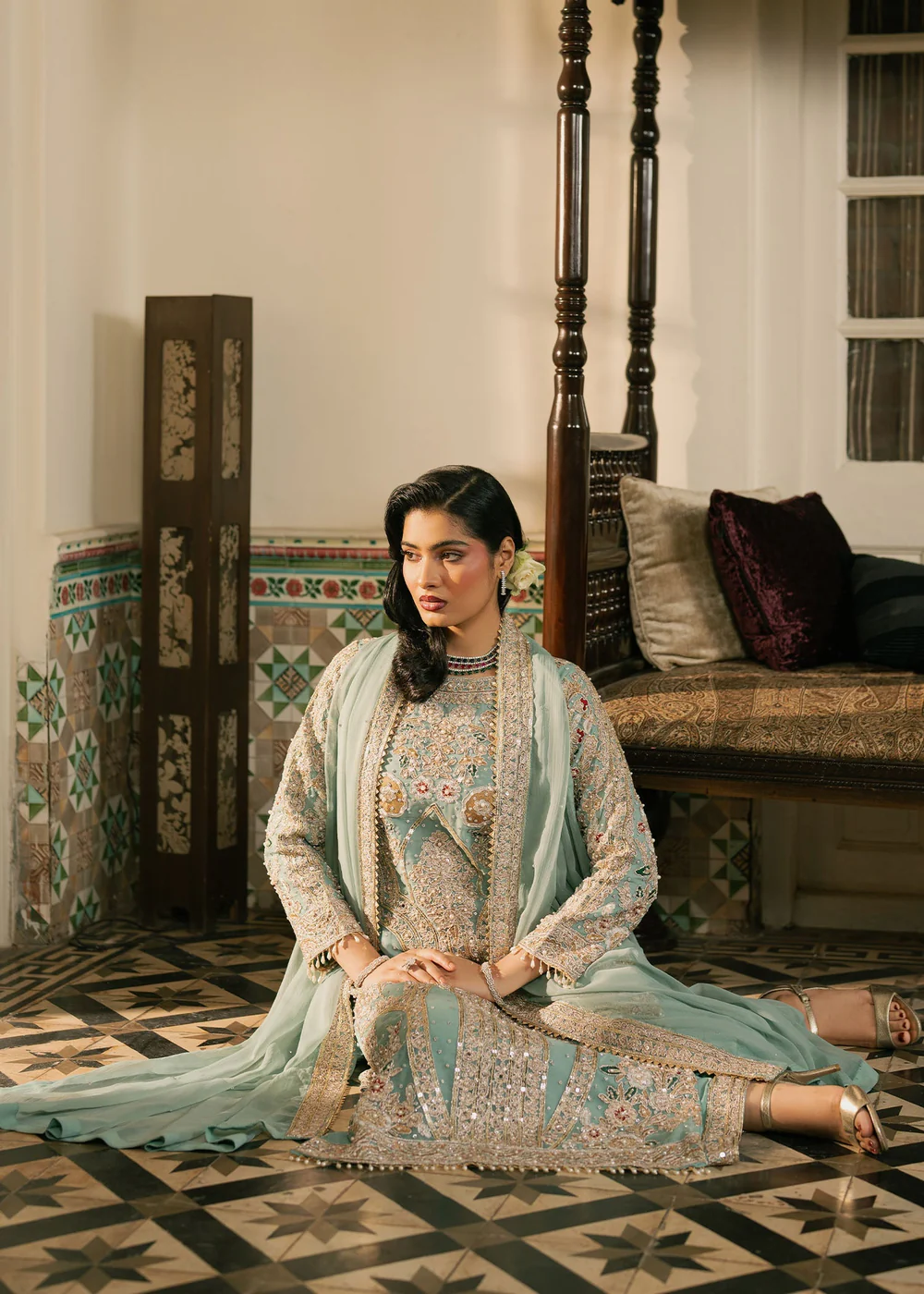 Mint Green Chiffon Embroidered Suit Ireland Formal Wear - Image 3