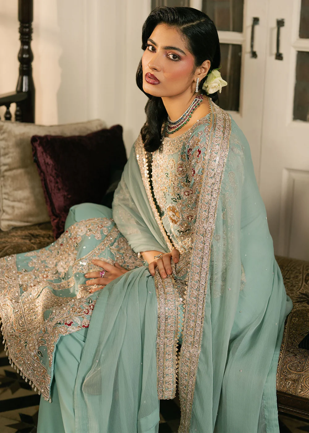 Mint Green Chiffon Embroidered Suit Ireland Formal Wear - Image 4
