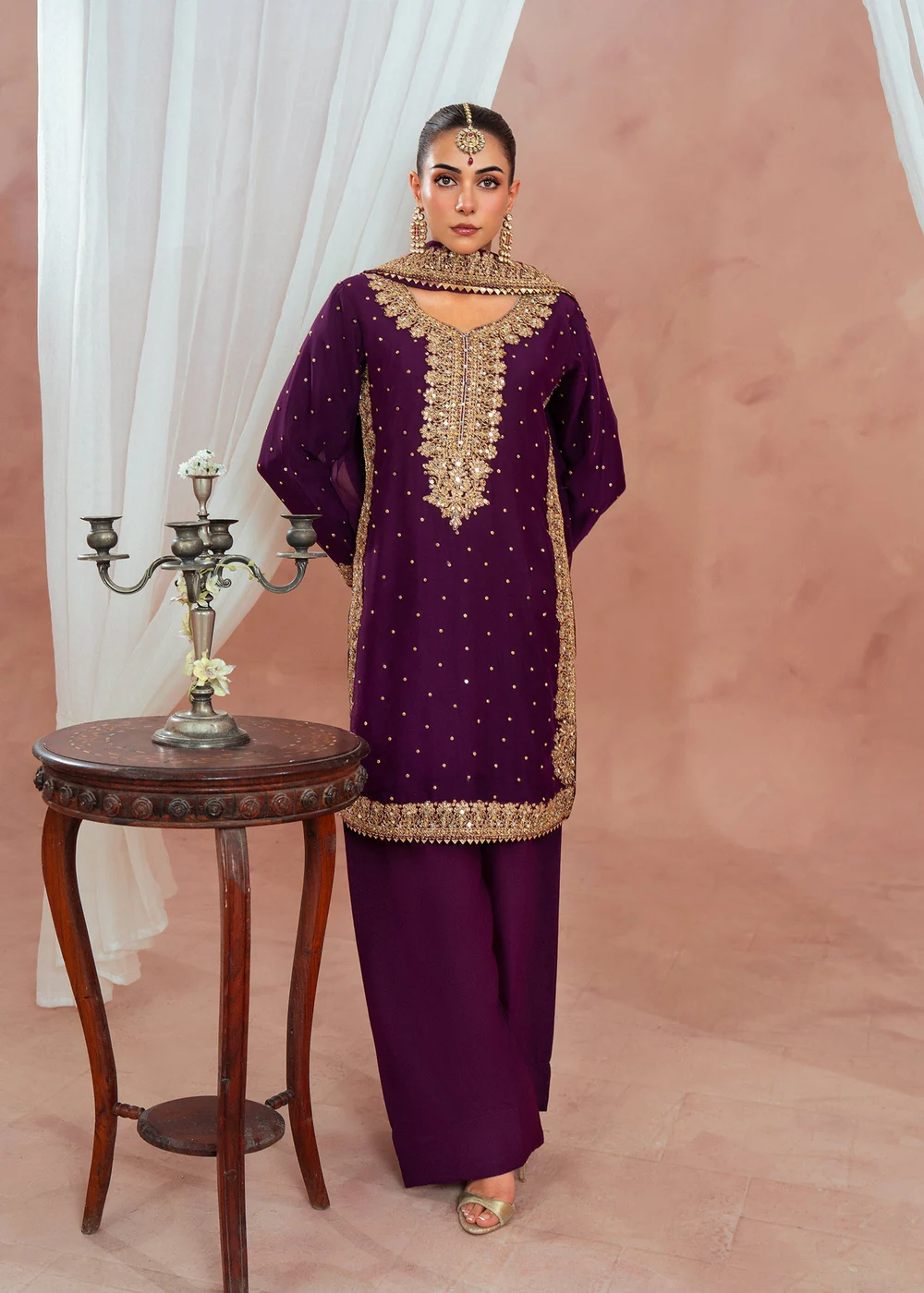 Plum Party Wear Short Kurta Dress for Women Ireland - Image 3