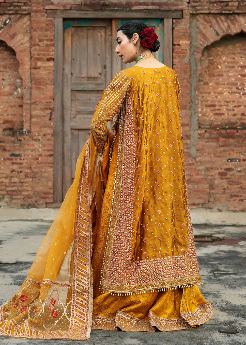 Mustard Jamawar Lehenga Suit for Weddings in Ireland - Image 8