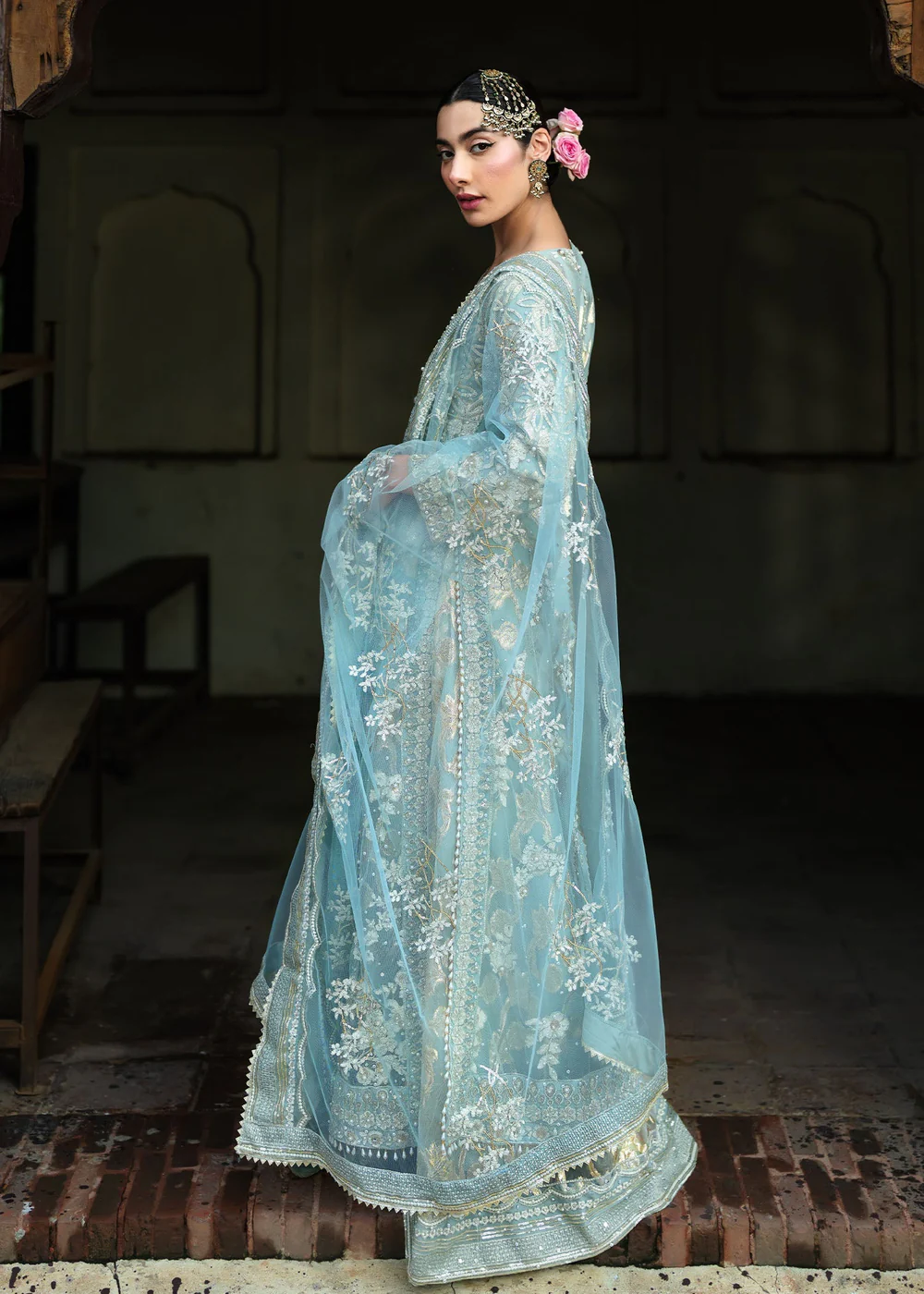 Sky Blue Net Lehenga Suit for Wedding Wear in Ireland - Image 6