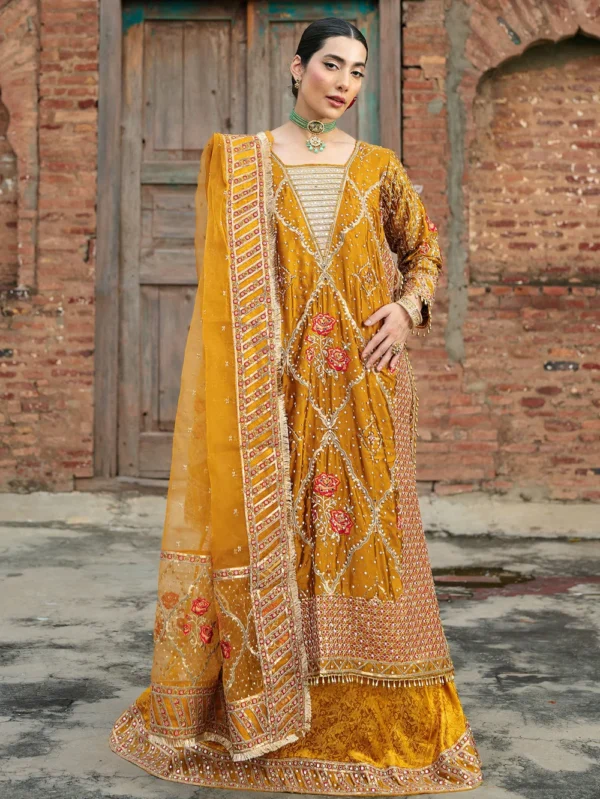 Mustard Jamawar Lehenga Suit for Weddings in Ireland