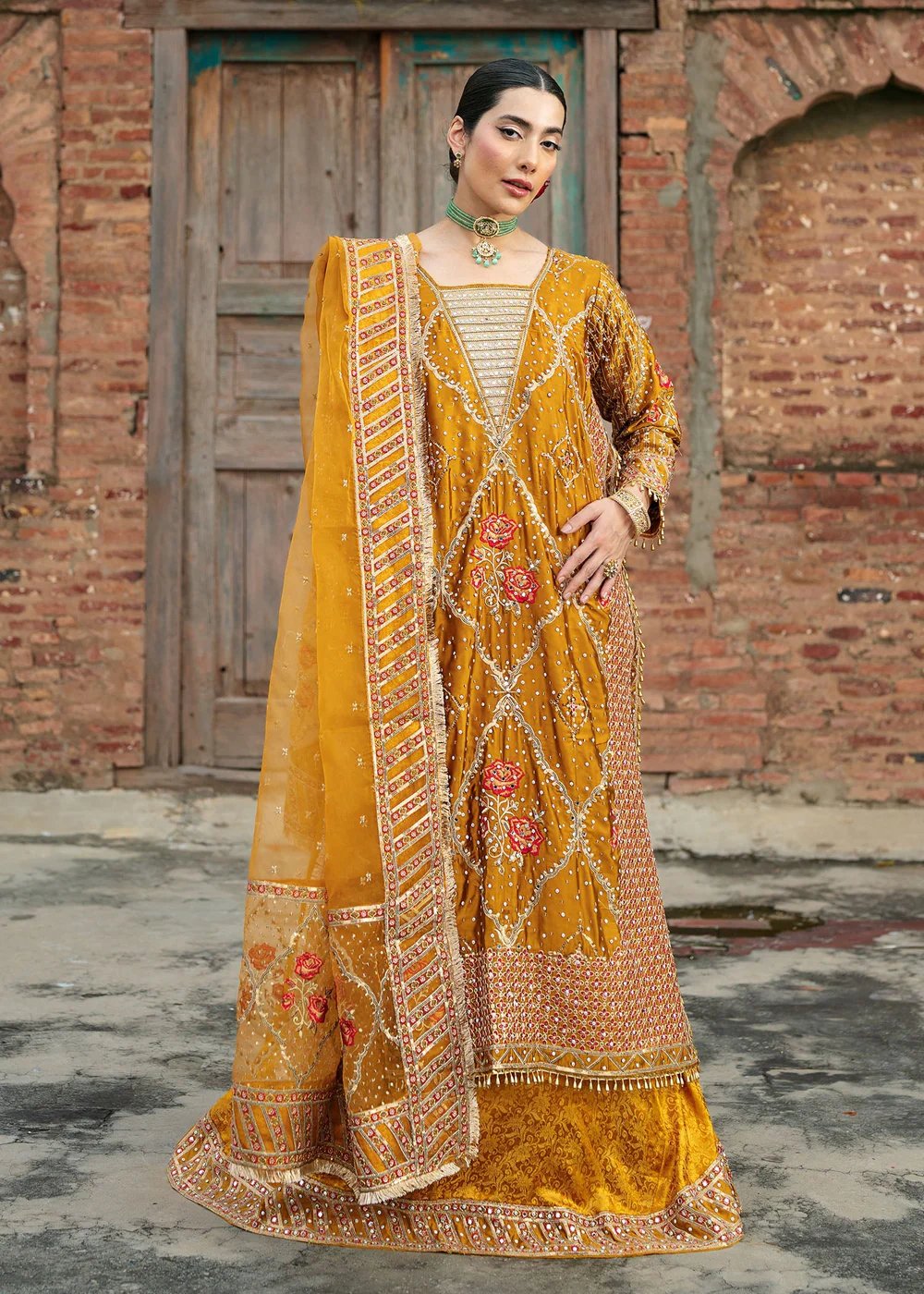 Mustard Jamawar Lehenga Suit for Weddings in Ireland
