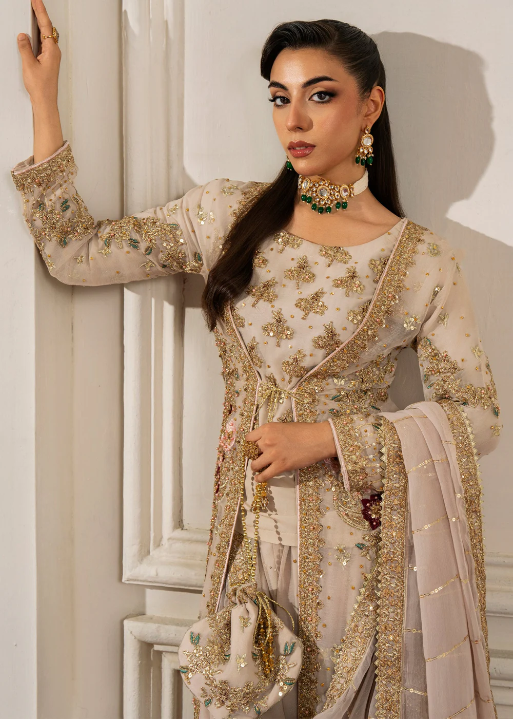 Beige Flared Gown Party Wear Dress for Women Ireland - Image 2