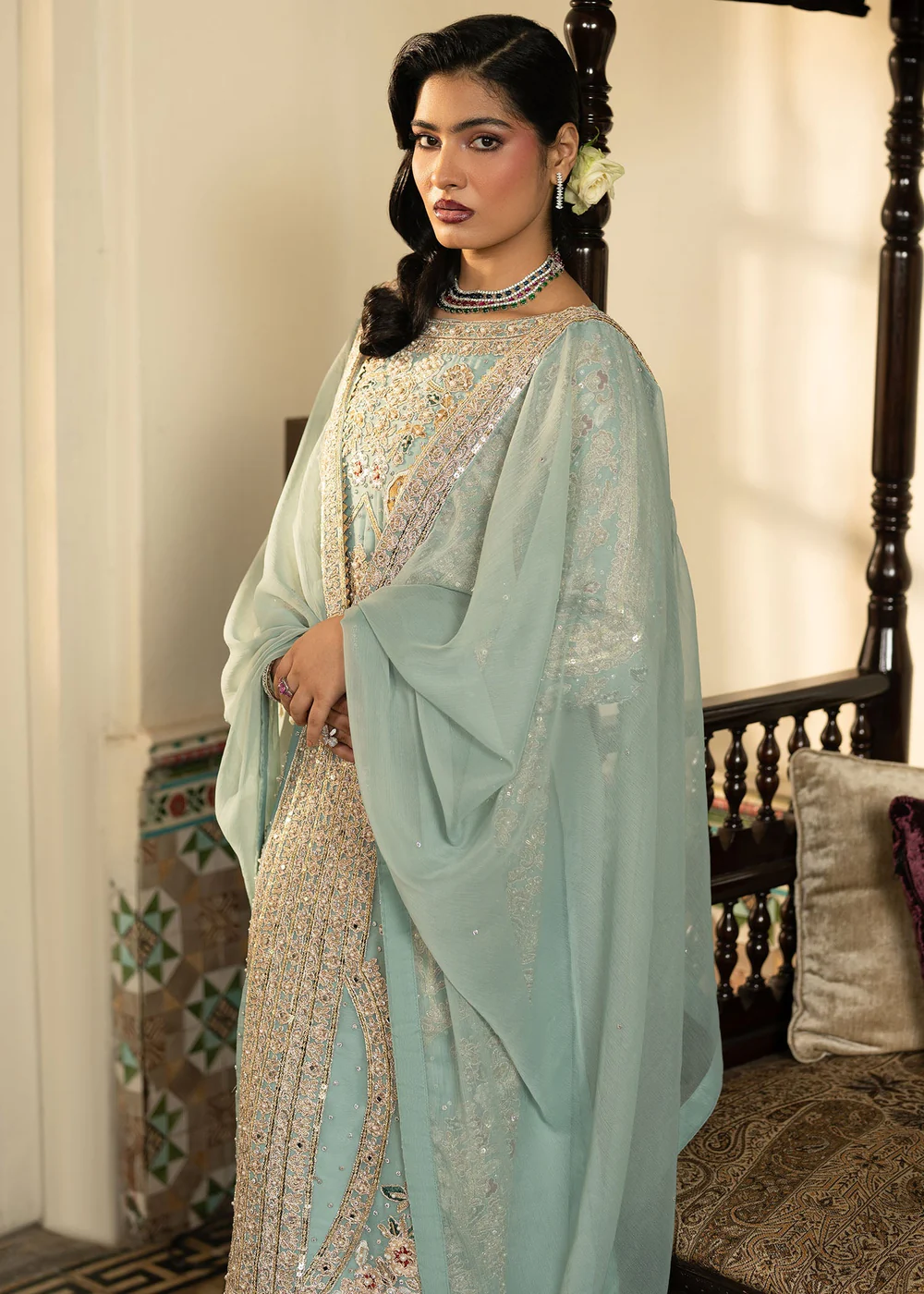 Mint Green Chiffon Embroidered Suit Ireland Formal Wear - Image 9