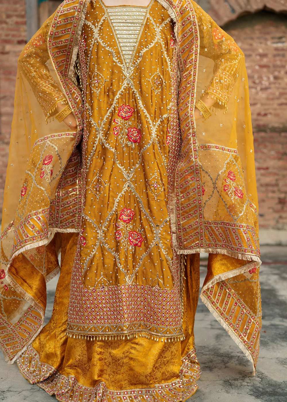 Mustard Jamawar Lehenga Suit for Weddings in Ireland - Image 11