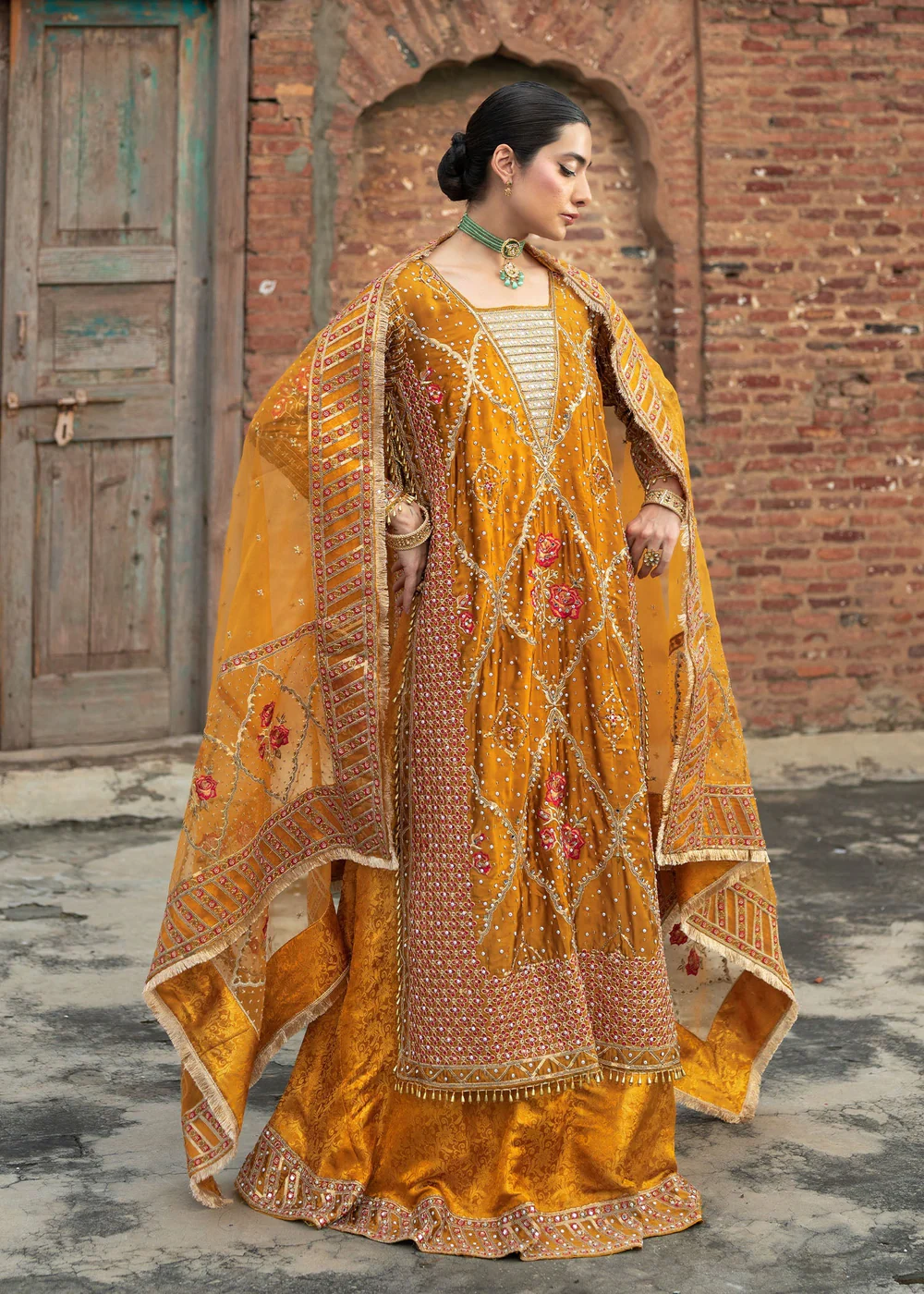 Mustard Jamawar Lehenga Suit for Weddings in Ireland - Image 9