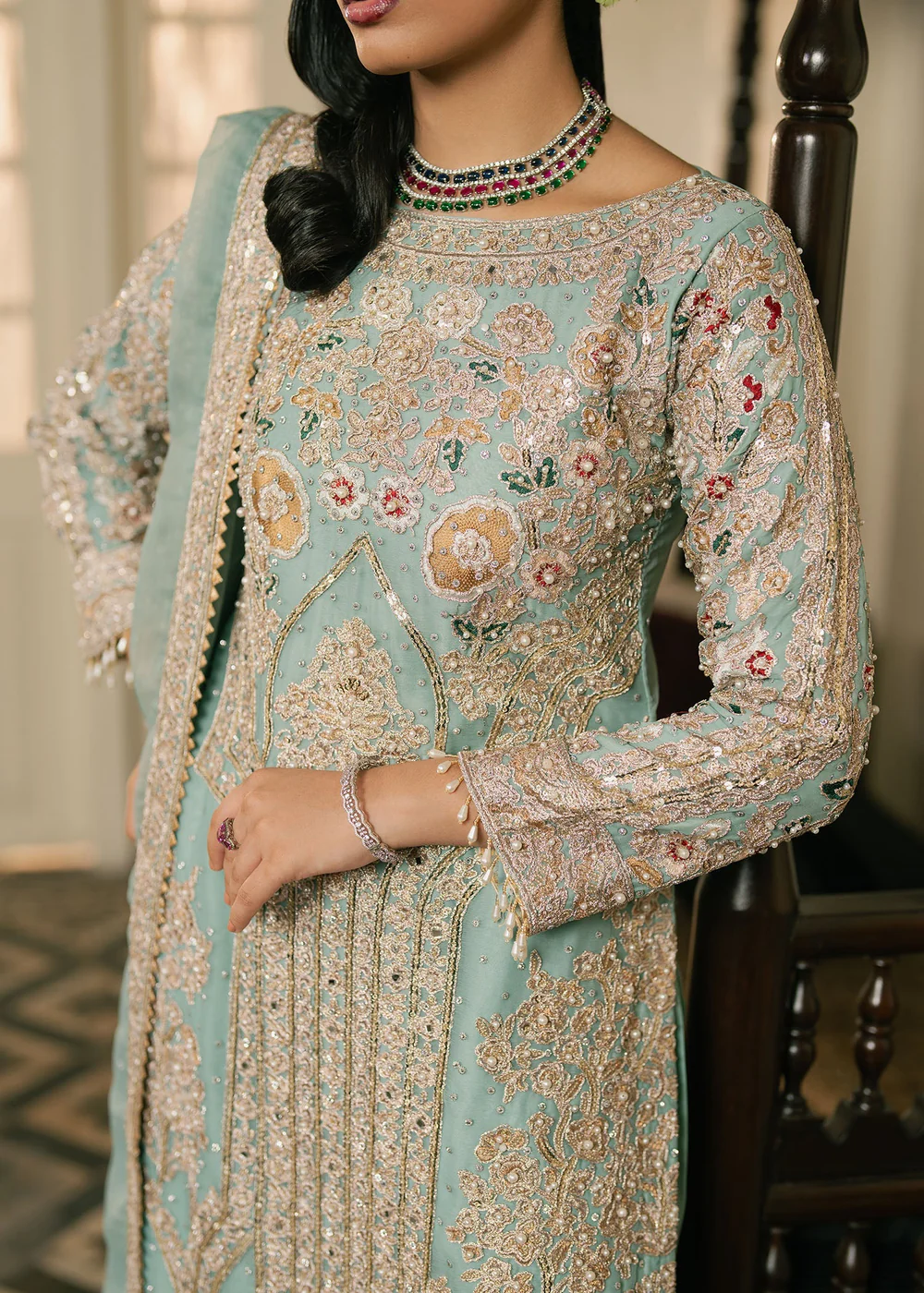 Mint Green Chiffon Embroidered Suit Ireland Formal Wear - Image 6