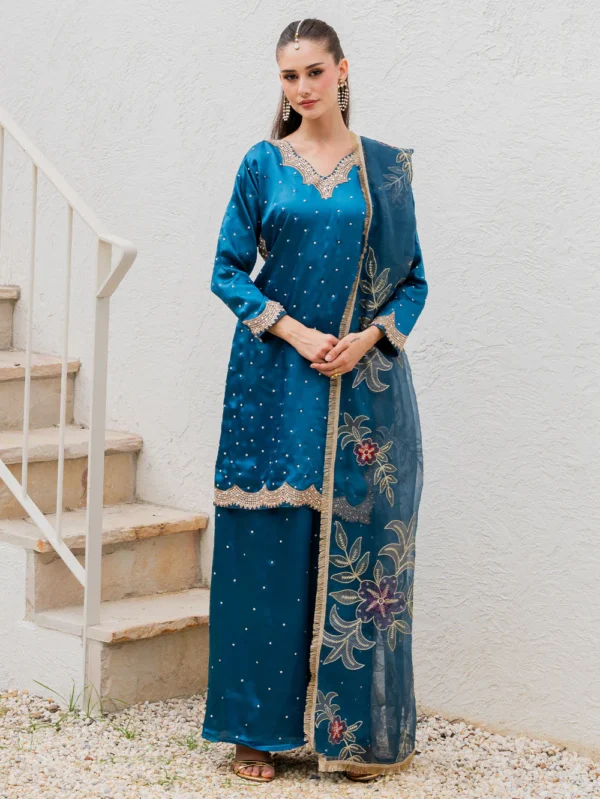 Sapphire Blue Embellished Kurta Suit with Dupatta