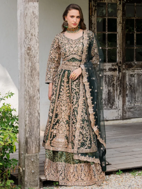 Emerald Green Net Maxi Suit with Gold Embroidery