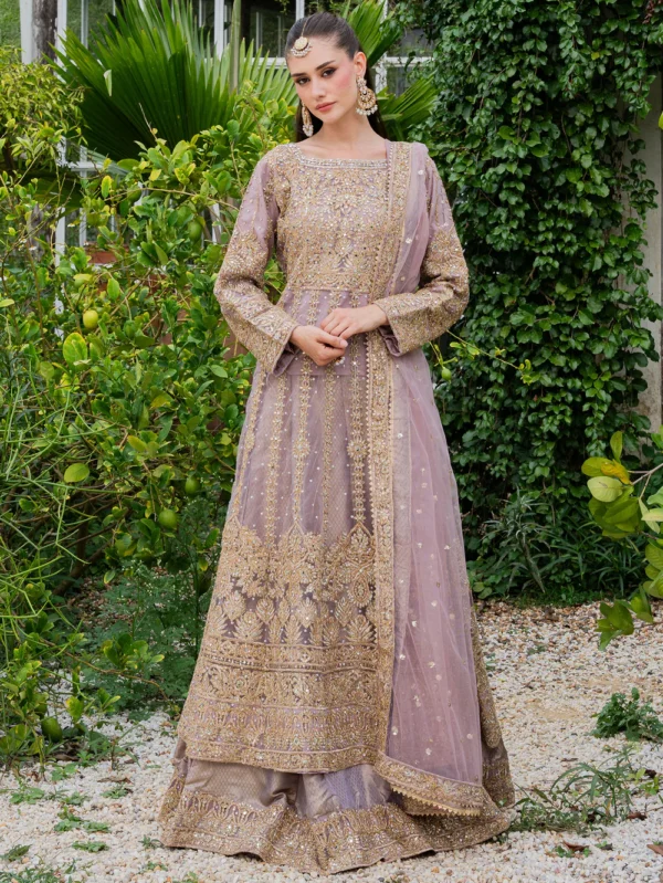 Mauve Chiffon Maxi Suit with Gold Embroidery Dupatta